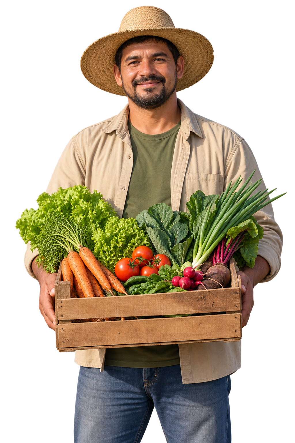 Agricultor da Codestac segurando uma caixa com alimentos frescos